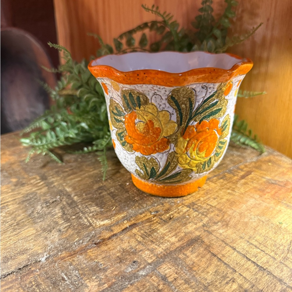 Vintage Italian Fat Lava Planter | 1960s Mid Century Floral Cachepot